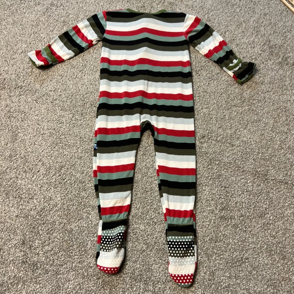 Kickee pants sleeper baby boy 6-9M‎ green red stripes bamboo stretch zip unisex